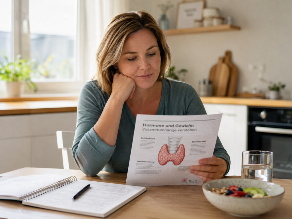 Frau liest Infoblatt über Hormone, Schilddrüse und Gewichtszunahme am Frühstückstisch