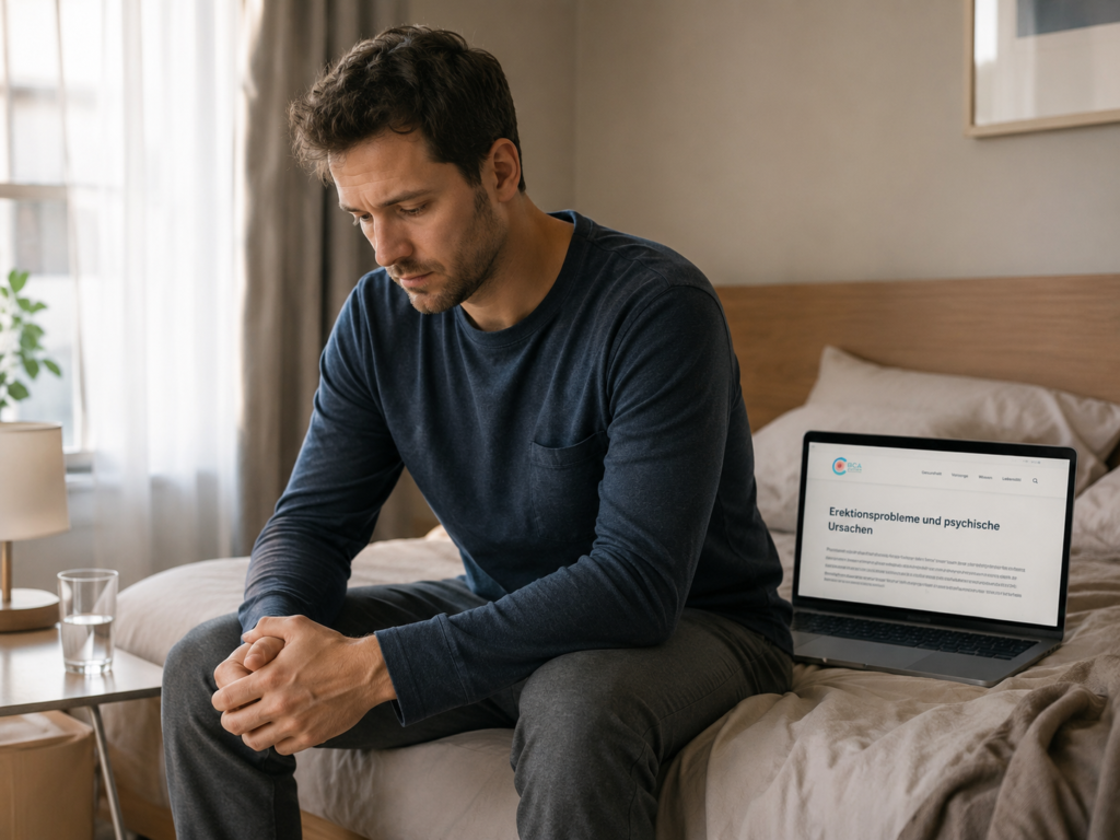 Nachdenklicher Mann sitzt auf der Bettkante und informiert sich auf dem Laptop über psychische Ursachen von Erektionsproblemen