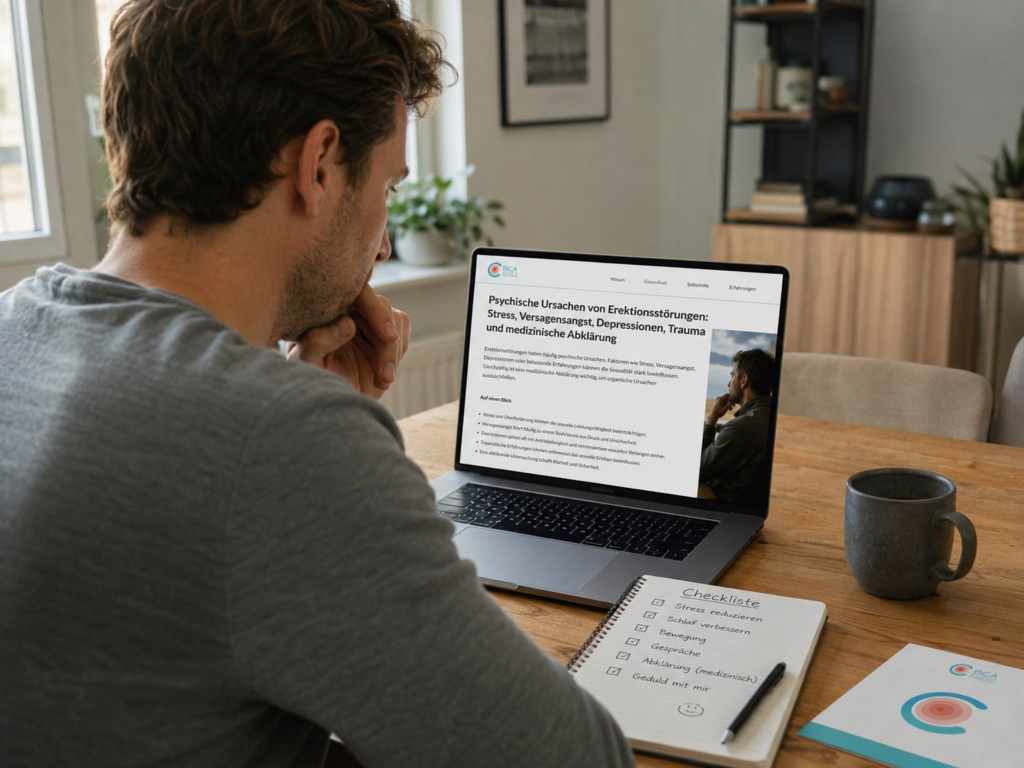 Mann liest am Laptop über psychische Ursachen von Erektionsstörungen und notiert Schritte zur Abklärung
