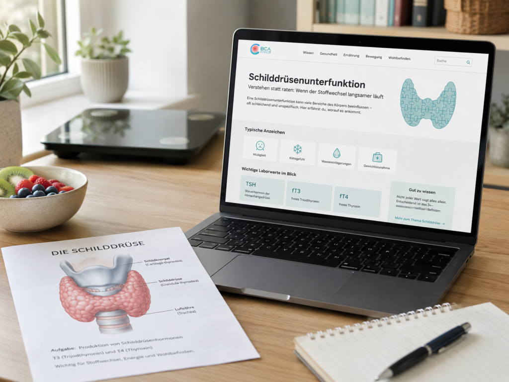 Laptop mit Informationen zu Schilddrüsenunterfunktion, TSH, fT3 und fT4 auf einem Schreibtisch
