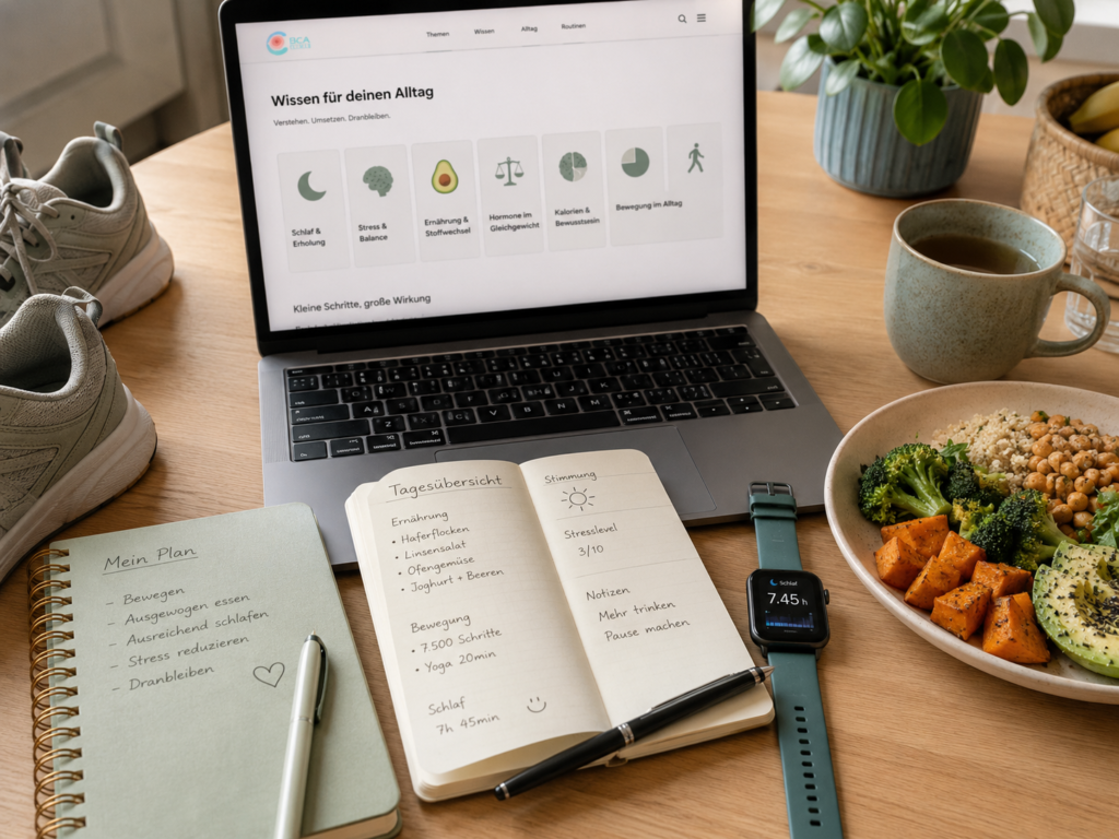 Ernährungstagebuch mit Schlaftracker, Laufschuhen und ausgewogener Mahlzeit zeigt Gründe für stockendes Abnehmen