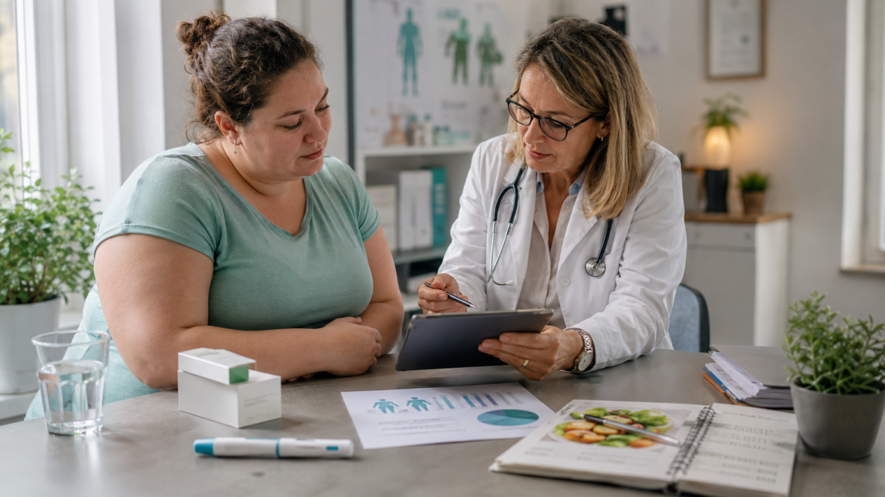 Ärztin bespricht mit Patientin eine Wegovy-Behandlung mit Semaglutid zur medizinischen Gewichtsreduktion.