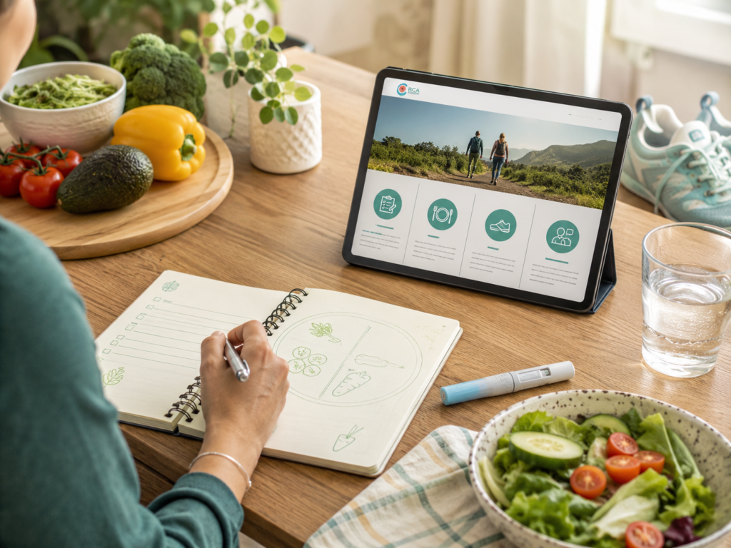 Langfristige Wegovy-Therapie mit Ernährungsplanung, Bewegung und Semaglutid-Injektionspen im Alltag