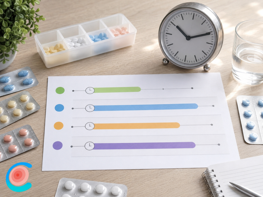 Vergleich von Potenzmitteln mit Uhr und Medikamentenplan