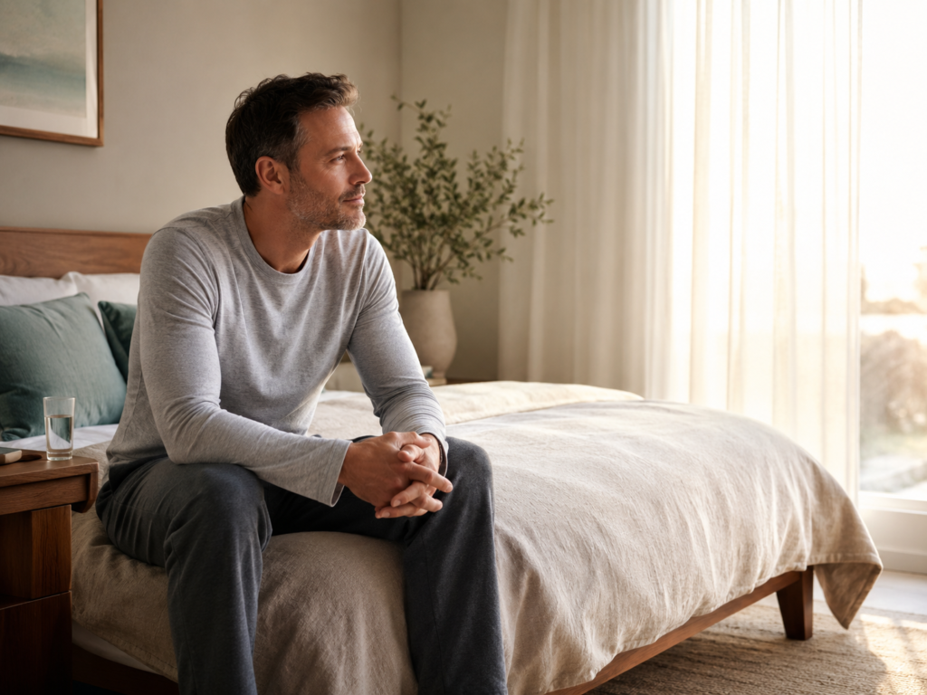 Mann sitzt morgens nach dem Aufwachen nachdenklich auf dem Bett und informiert sich über ausbleibende Morgenlatte und Männergesundheit
