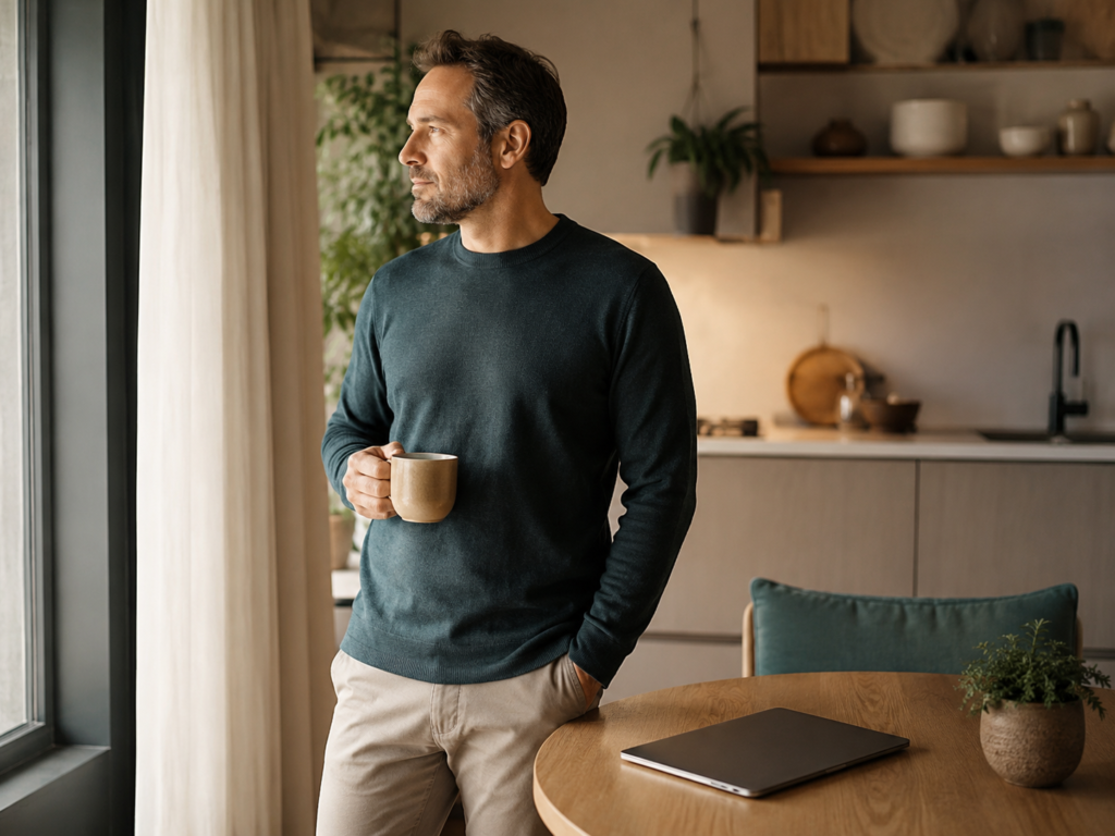 Nachdenklicher Mann mit Tee bei einer diskreten Online-Sprechstunde zu Depressionen und Erektionsstörungen