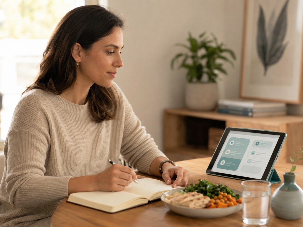 Alt text:
Person plant gesunde Routinen mit Notizbuch, Wasser und Telehealth-Tablet bei Stress und erhöhtem Cortisol