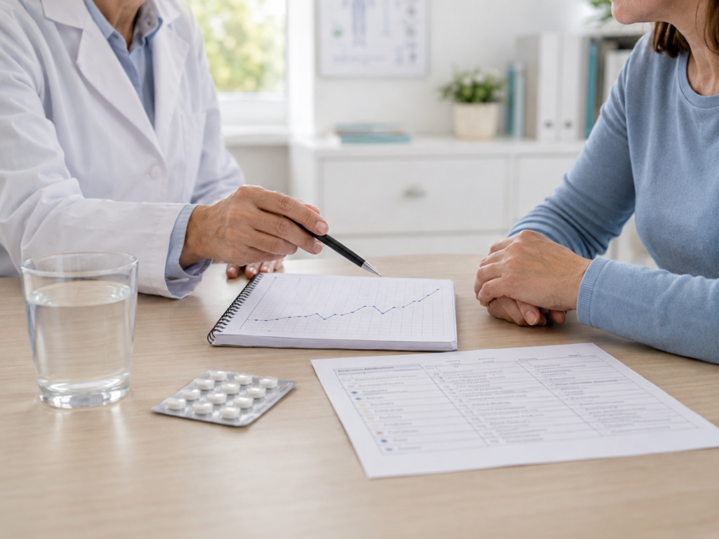 Arzt zeigt Gewichtsverlauf bei Gewichtszunahme durch Medikamente mit Tabletten und Medikationsliste