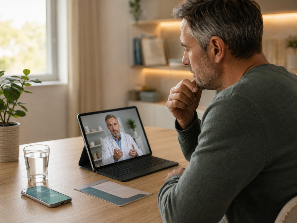 Mann nutzt eine diskrete Online-Arztberatung zu Erektionsproblemen, Viagra und Sildenafil per Tablet zu Hause