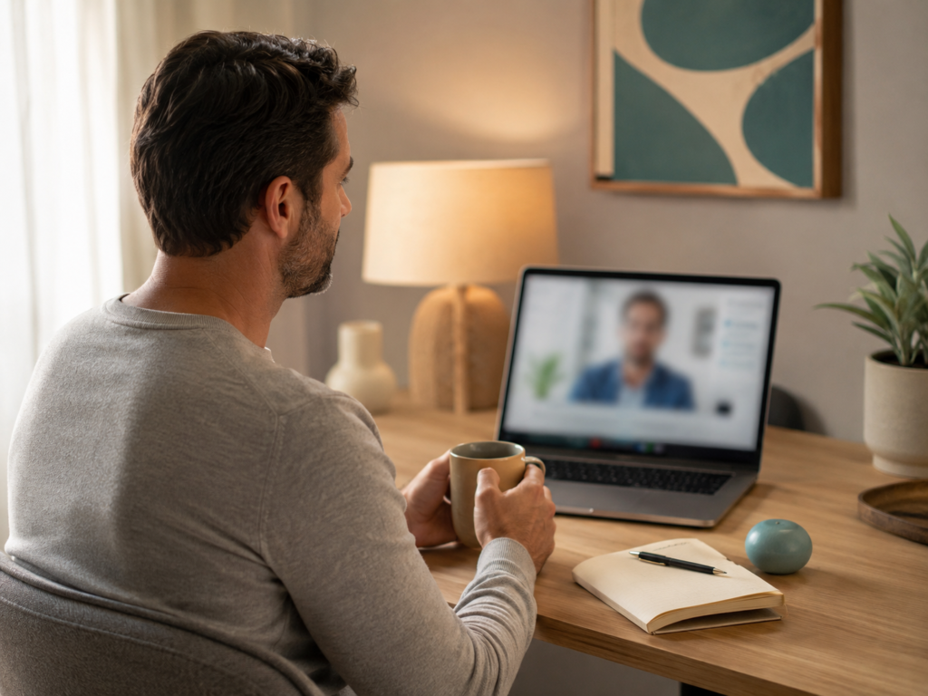 Mann führt zu Hause eine diskrete Online-Sprechstunde zu Erektionsproblemen, Stress und erektiler Dysfunktion