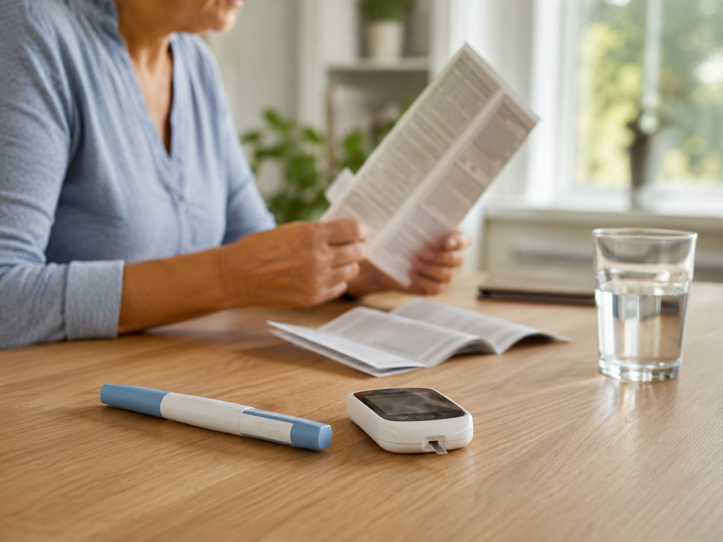 Ozempic Pen und Blutzuckermessgerät auf einem Holztisch, während eine Patientin Informationen zu Semaglutid bei Diabetes Typ 2 liest