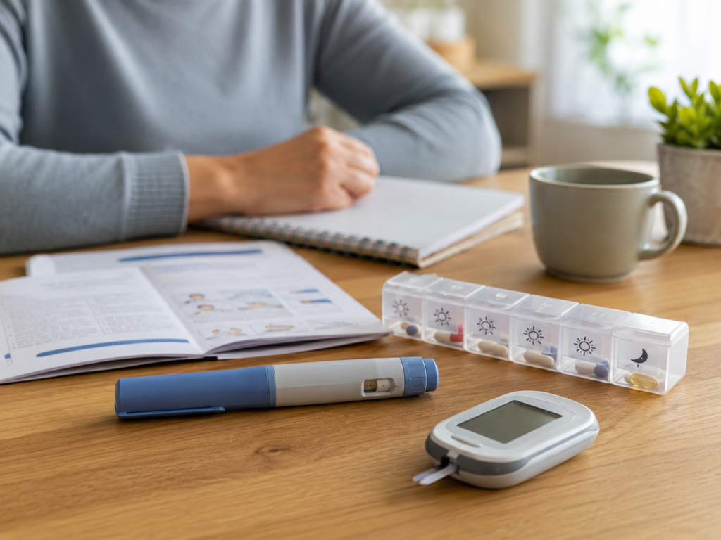 Ozempic Pen, Blutzuckermessgerät und Wochenplaner zur sicheren Anwendung von Semaglutid bei Diabetes Typ 2