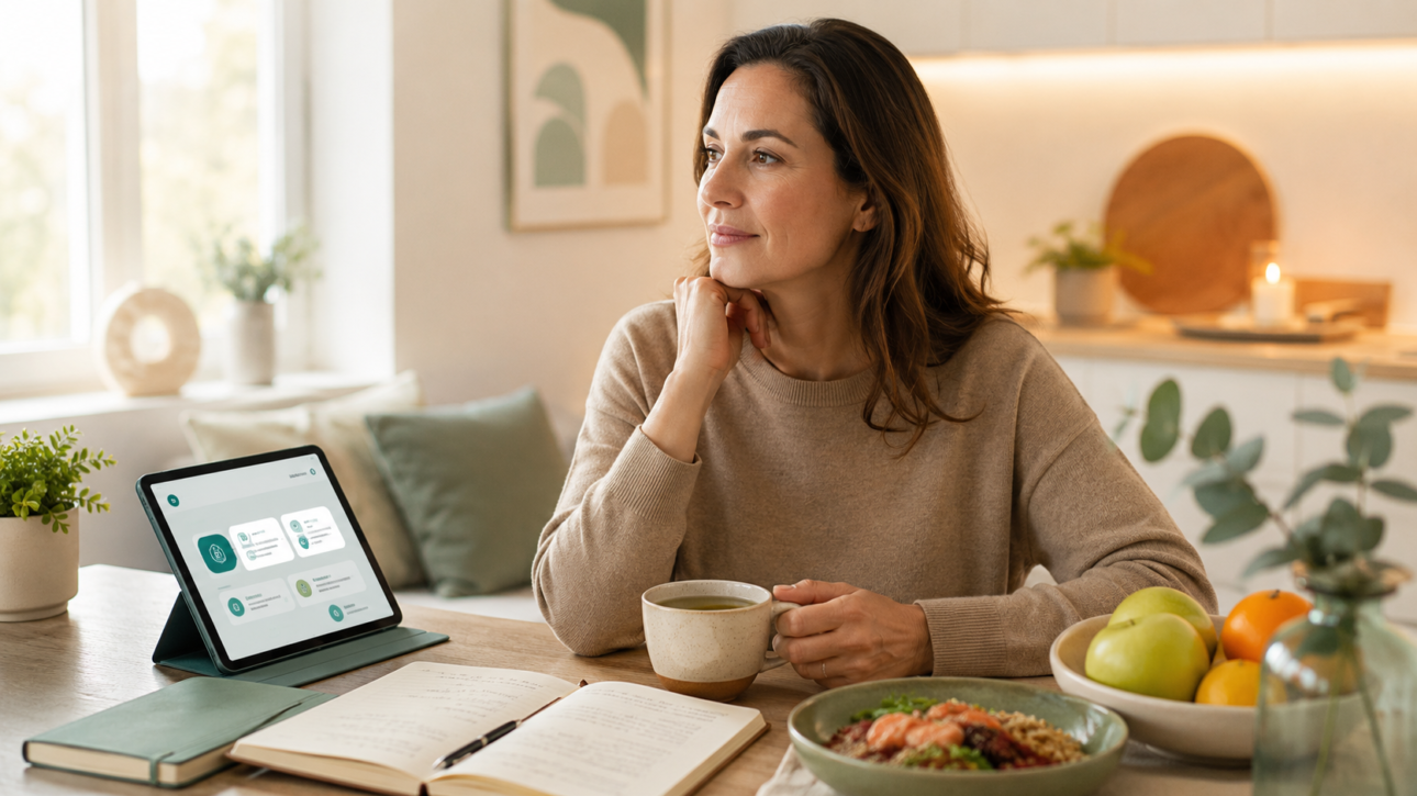 Frau sitzt entspannt mit Tee, Journal und Telehealth-Tablet in heller Küche – Symbolbild für Stress, Cortisol und Gewichtszunahme.