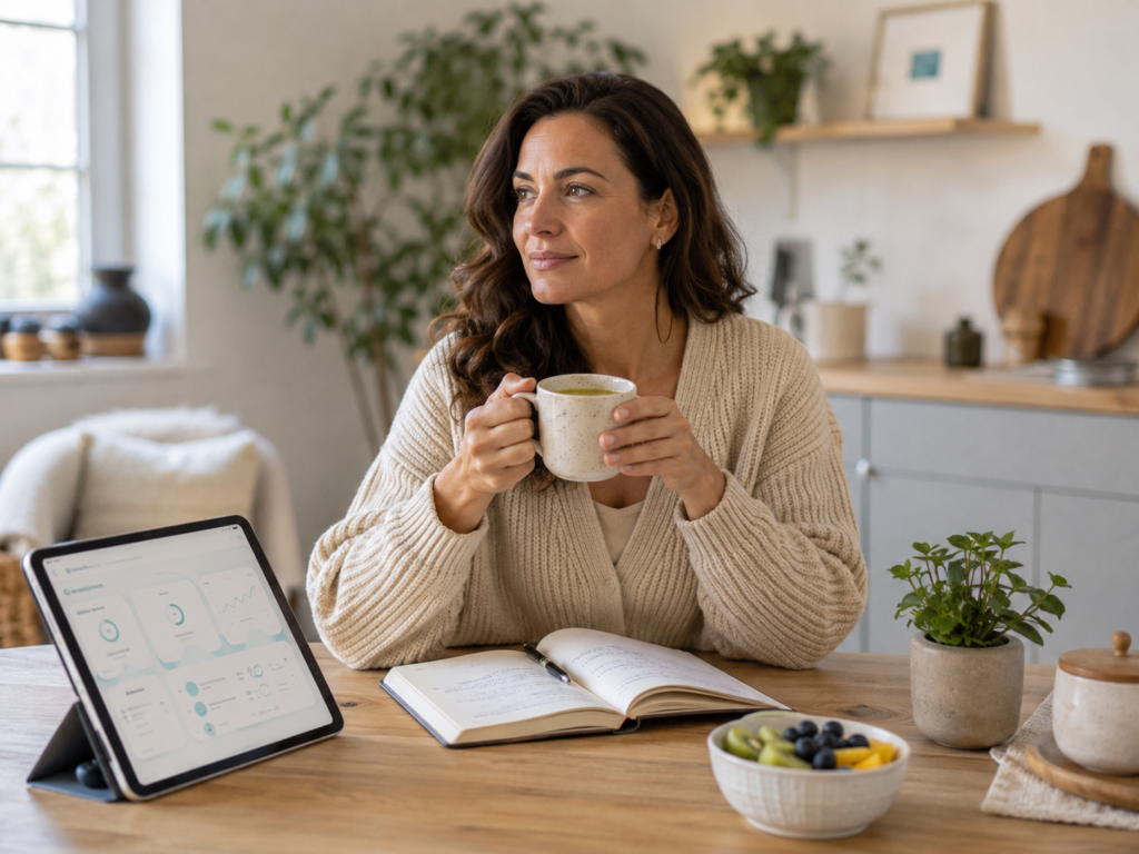 Alt text:
Frau trinkt Tee in heller Küche und nutzt eine Telehealth-App zum Thema Stress, Cortisol und Gewichtszunahme