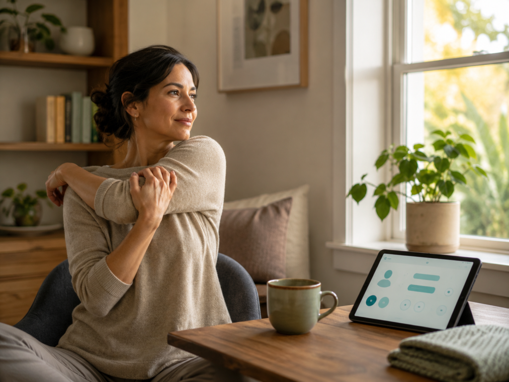 Frau entspannt am Fenster mit Tee und Telehealth-App als Symbol für Stressabbau, Balance und Cortisol-Regulation