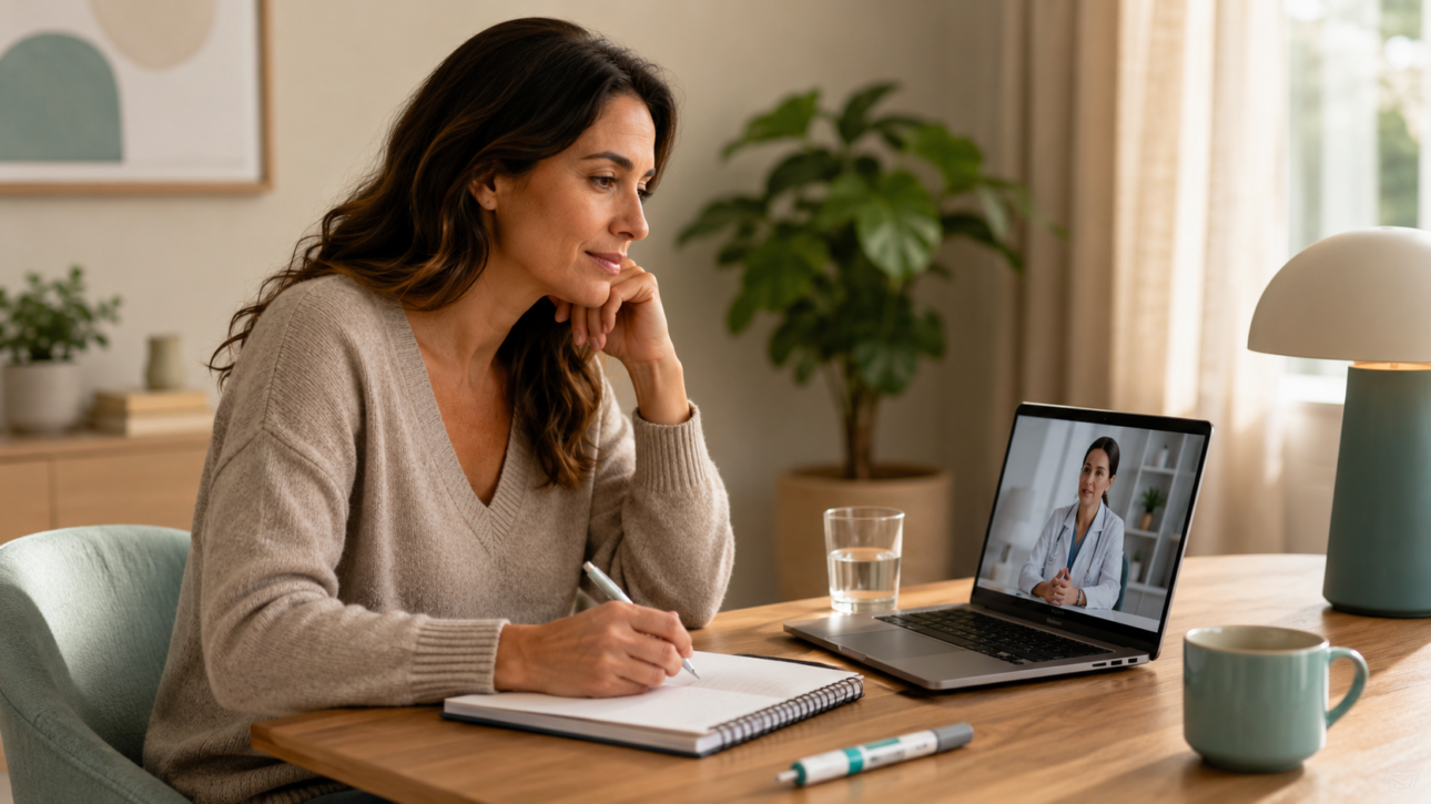 Patientin bei telemedizinischer Beratung zu Wegovy und Gewichtsabnahme mit GLP-1 Abnehmspritze