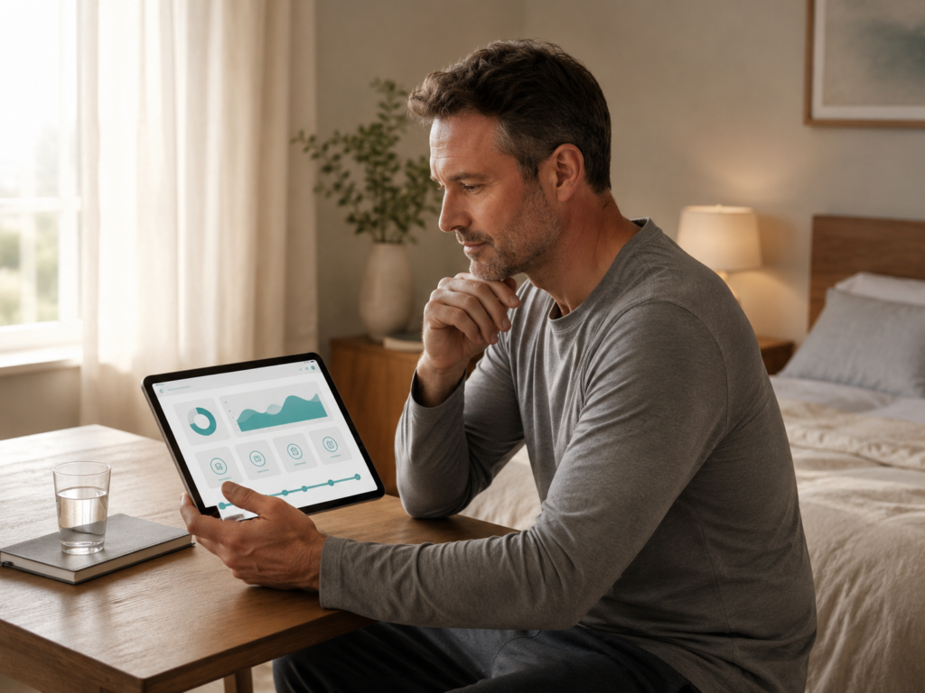 Mann informiert sich diskret per Tablet über ausbleibende Morgenlatte, Schlafqualität und mögliche Erektionsstörungen