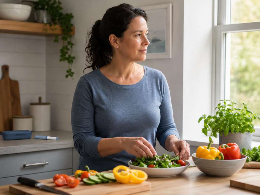 Frau bereitet eine gesunde Mahlzeit in der Küche vor, begleitend zum Abnehmen mit Semaglutid