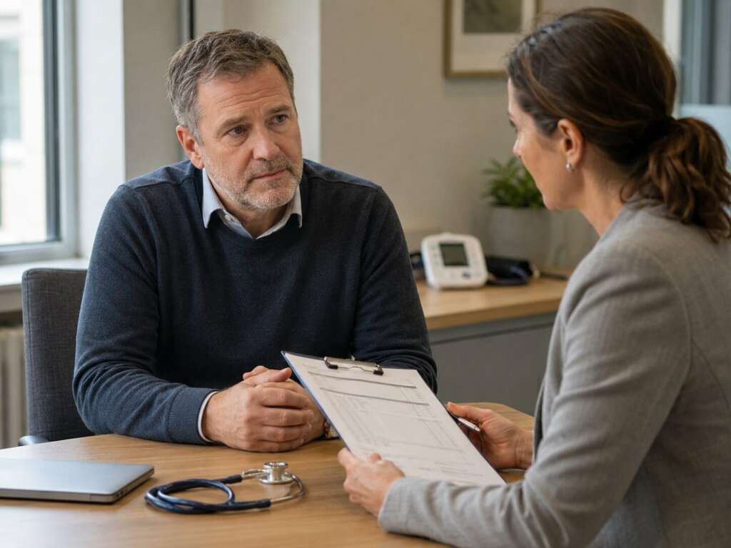 Arzt bespricht mit einem Patienten mögliche körperliche Ursachen von Erektionsstörungen und die Ergebnisse der medizinischen Untersuchung.