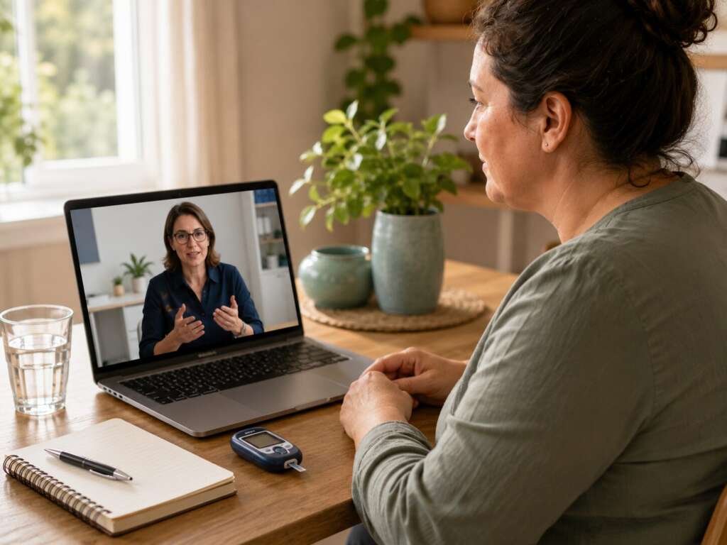 Patientin bespricht Insulinresistenz, Blutzuckerwerte und Gewichtszunahme in einer ärztlichen Videosprechstunde