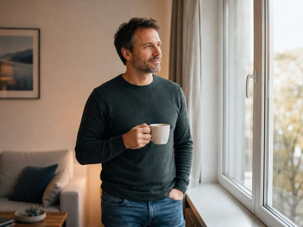 Ruhiger Mann am Fenster denkt über ärztliche Hilfe bei anhaltenden Erektionsproblemen nach