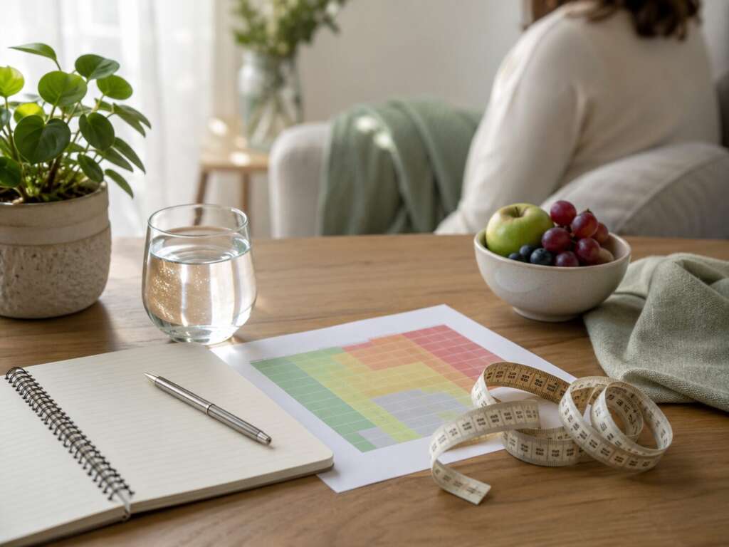 BMI-Tabelle, Maßband und Notizbuch zur Einordnung von Übergewicht, Stoffwechsel und Gesundheitsrisiken