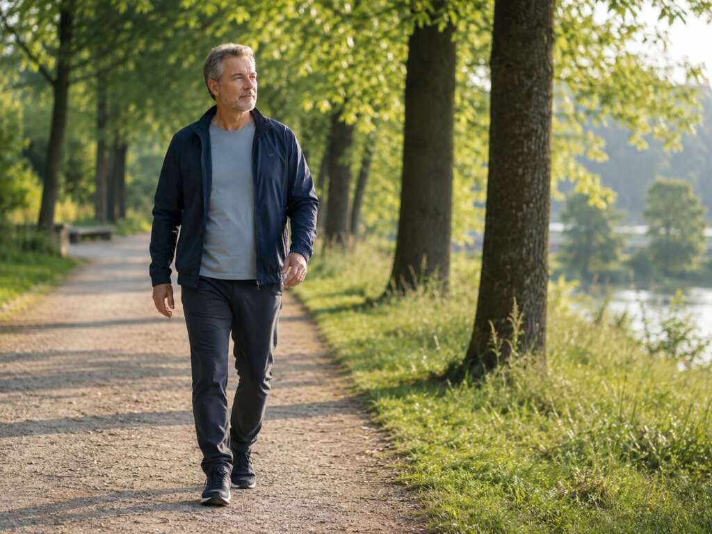 Mann geht regelmäßig spazieren, um Herz-Kreislauf-Gesundheit, Stoffwechsel und Erektionsfähigkeit durch Bewegung zu unterstützen.