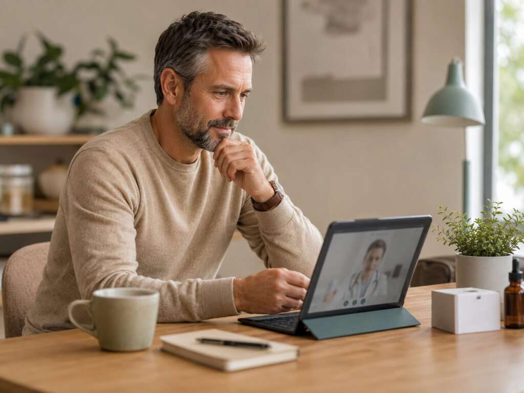 Mann bei diskreter Online-Beratung zu Cialis und erektiler Dysfunktion im ruhigen Homeoffice