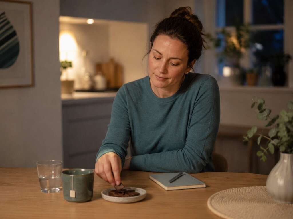 Frau greift abends nachdenklich nach Schokolade am Küchentisch als Symbol für emotionales Essen bei Stress