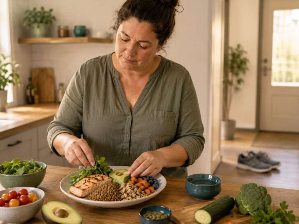 Frau bereitet eine ausgewogene Mahlzeit mit Gemüse, Lachs und Vollkornprodukten bei Insulinresistenz zu