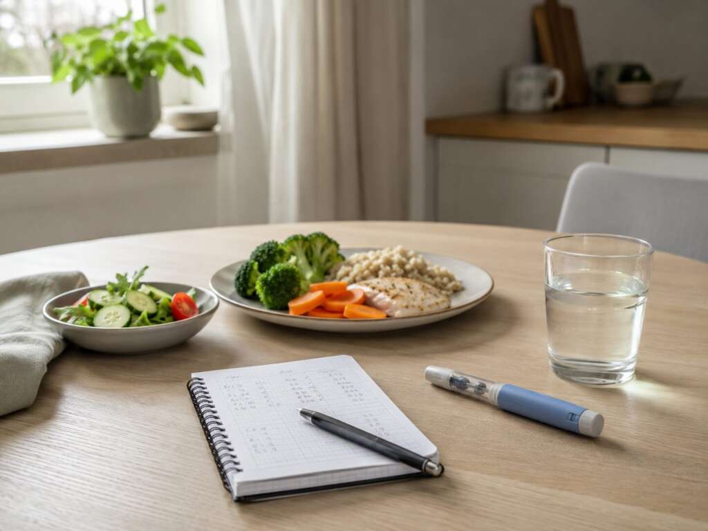 Ausgewogene Mahlzeit bei Ozempic Therapie mit Semaglutid, Injektionspen und Ernährungstagebuch