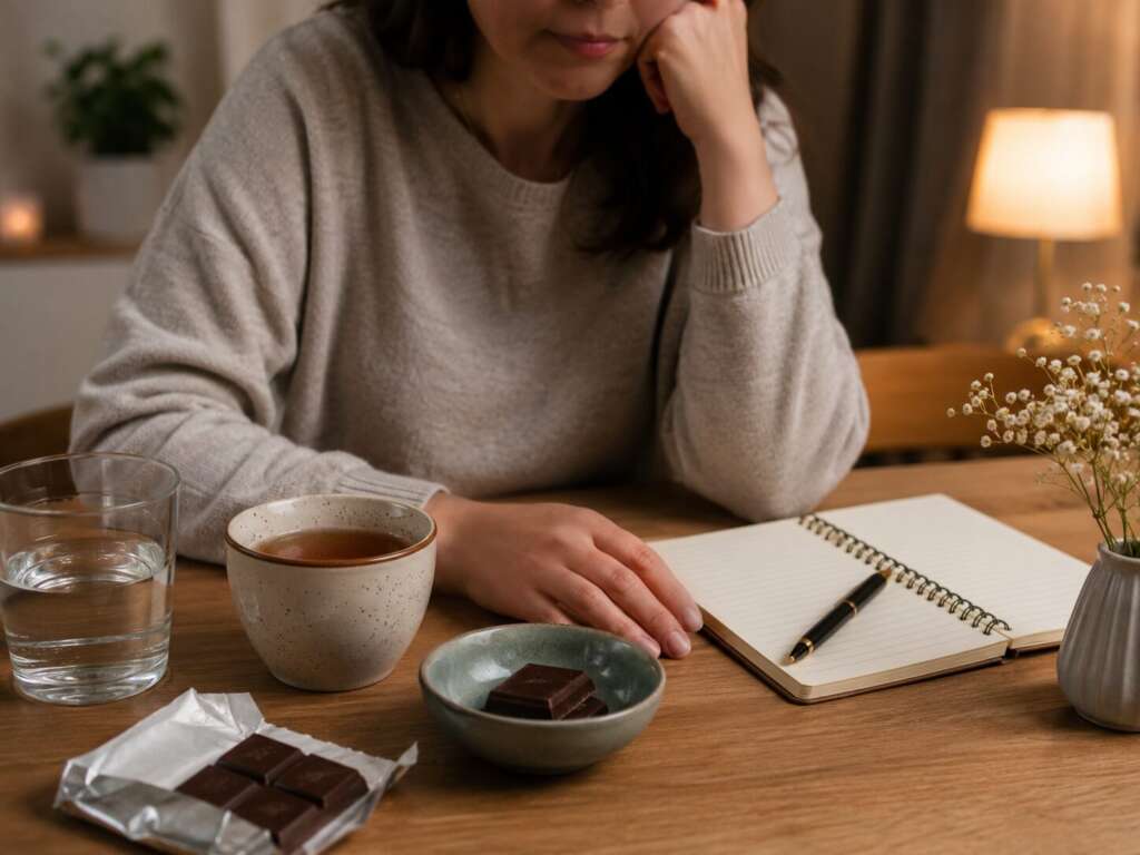 Person sitzt nachdenklich am Tisch mit Tee, Schokolade und Notizbuch bei emotionalem Essen und Heißhunger durch Stress