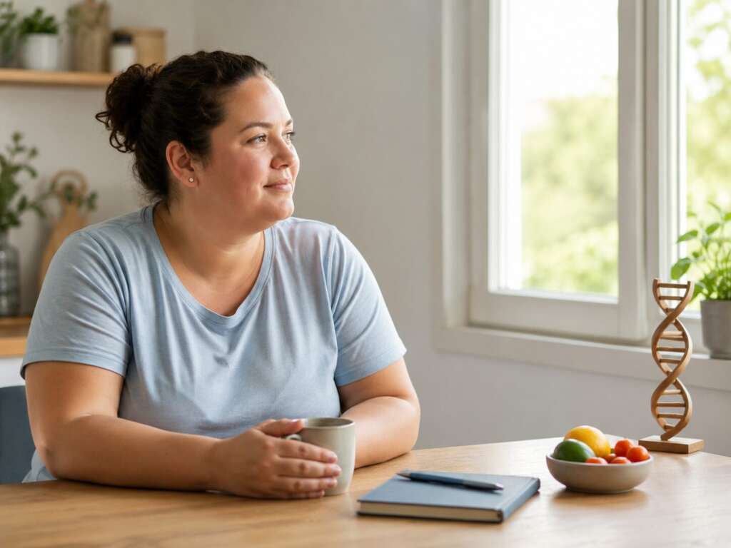 Frau blickt entspannt aus dem Fenster neben DNA-Modell und Obst – Symbolbild für Genetik, Fettleibigkeit und bewussten Lebensstil
