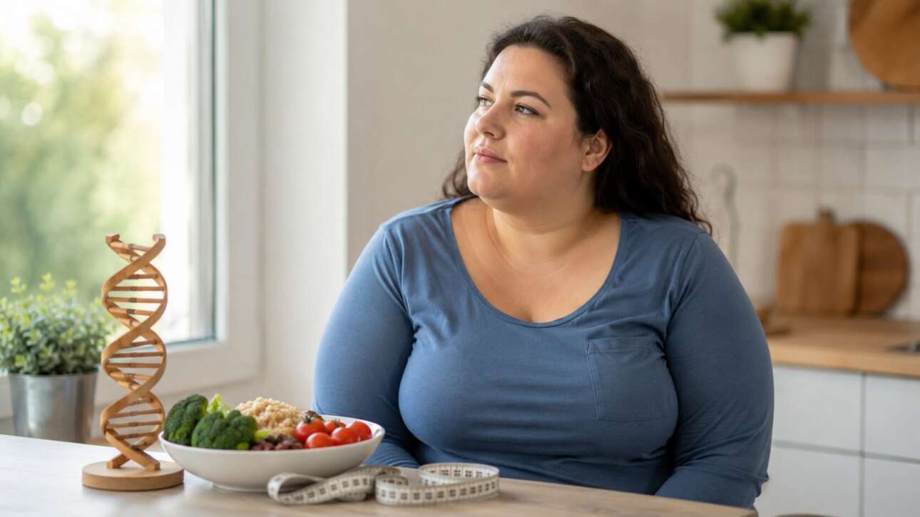 Frau sitzt nachdenklich in heller Küche neben DNA-Modell und gesunder Mahlzeit – Symbolbild für Genetik, Fettleibigkeit und Lebensstil.