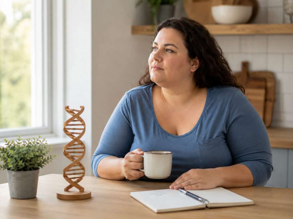 Frau sitzt nachdenklich in heller Küche neben DNA-Modell – Symbolbild für Genetik, Fettleibigkeit und Veranlagung