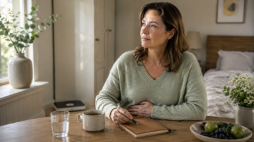 Nachdenkliche Frau am Morgen mit Tee und Notizbuch – Symbolbild für hormonelle Gewichtszunahme, Stoffwechsel und Stress