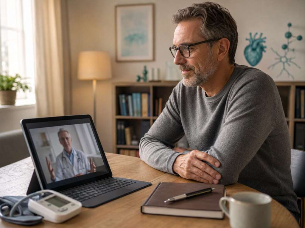 Mann bei diskreter Online-Arztberatung zu körperlichen Ursachen von Erektionsproblemen