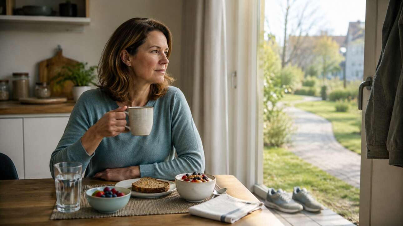 Frau beim gesunden Frühstück am Morgen – Symbolbild für langsamen Stoffwechsel, Müdigkeit und bewusste Ernährung