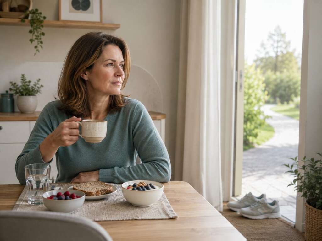 Frau beim ausgewogenen Frühstück mit nachdenklichem Blick – mögliche Anzeichen eines langsamen Stoffwechsels wie Müdigkeit und wenig Energie