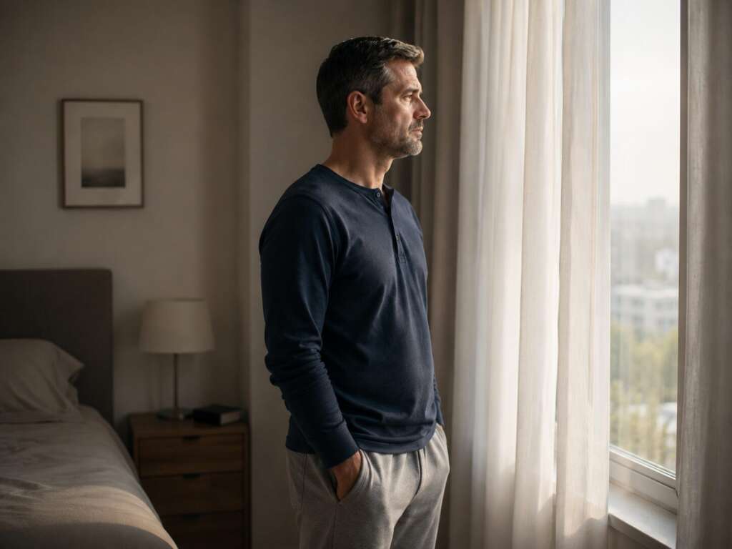Mann steht nachdenklich am Schlafzimmerfenster bei Libidoverlust und möglichen Erektionsproblemen