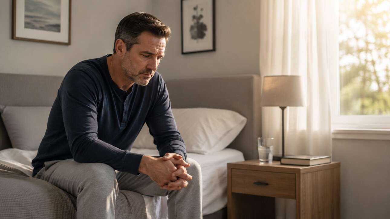 Mann sitzt nachdenklich im Schlafzimmer und wirkt belastet durch Libidoverlust und mögliche Erektionsprobleme