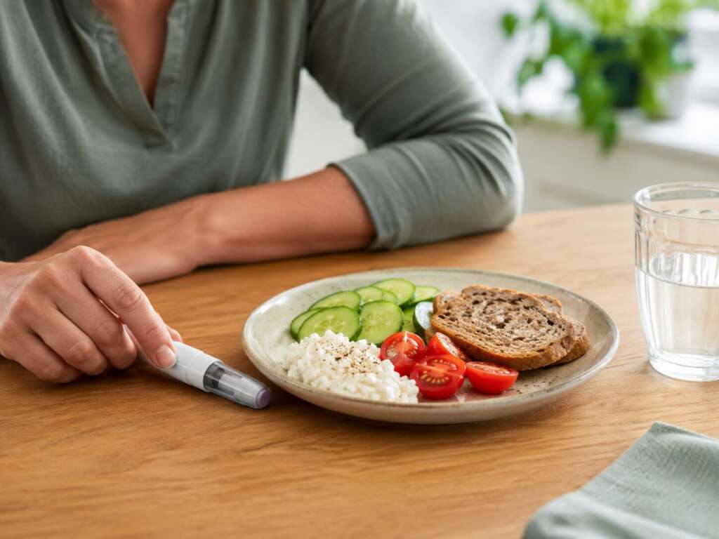Mounjaro Injektionspen neben kleiner gesunder Mahlzeit und Wasser als Alltagsszene zur Appetitkontrolle