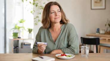 Frau mit Mounjaro Pen am Esstisch, kleines gesundes Essen und Wasser als Symbol für Appetitkontrolle und Abnehmen mit Tirzepatid