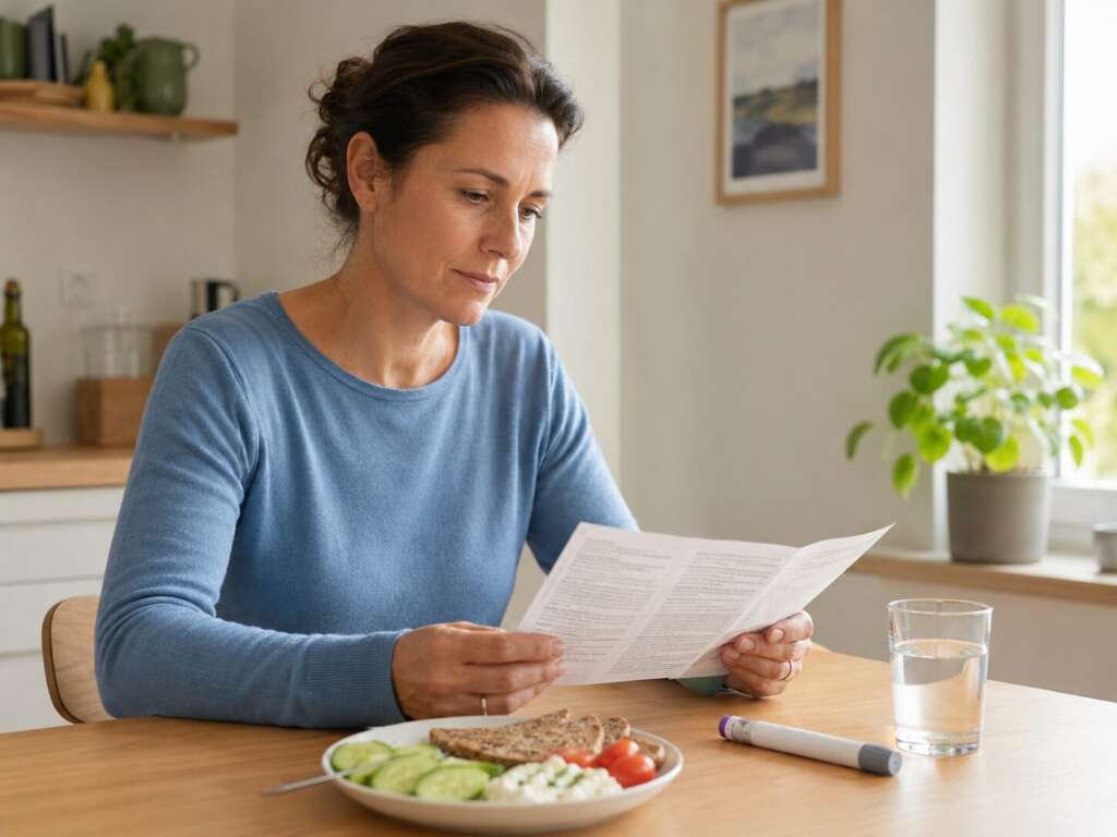 Frau liest Informationen zu Mounjaro am Frühstückstisch mit Injektionspen, Wasser und gesunder Mahlzeit