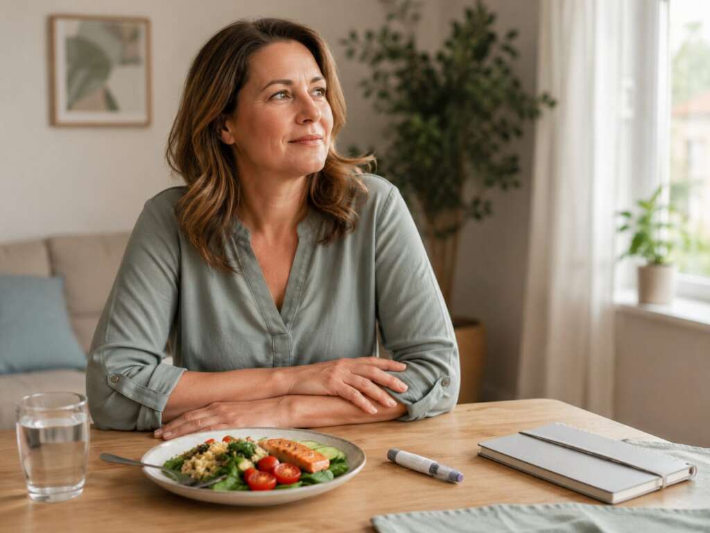 Frau mit Mounjaro Pen, gesundem Essen, Wasser und Notizbuch am Tisch als Symbol für langfristiges Abnehmen mit Tirzepatid