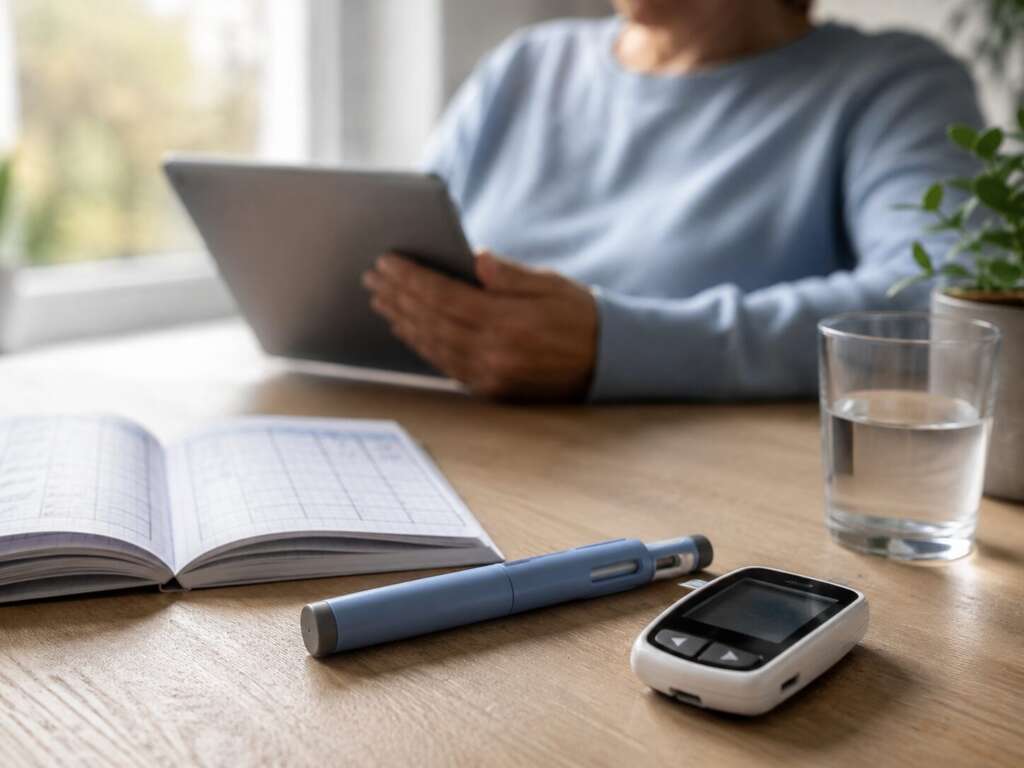 Ozempic Wirkung mit Semaglutid: Injektionspen, Blutzuckermessgerät und Gesundheitstagebuch zu Hause