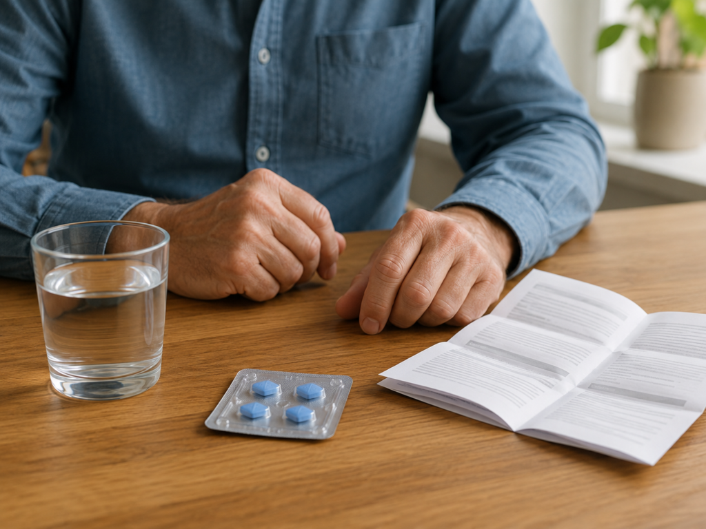 Tablettenblister, Wasserglas und Beipackzettel als Hinweis zur richtigen Anwendung von Sildenafil und Viagra