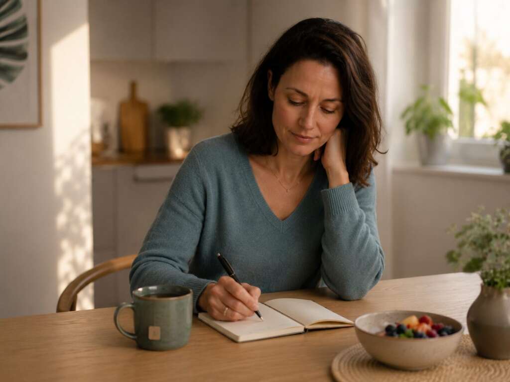 Frau schreibt ruhig in ein Notizbuch mit Tee und Obst als Symbol für Selbstfürsorge bei emotionalem Essen