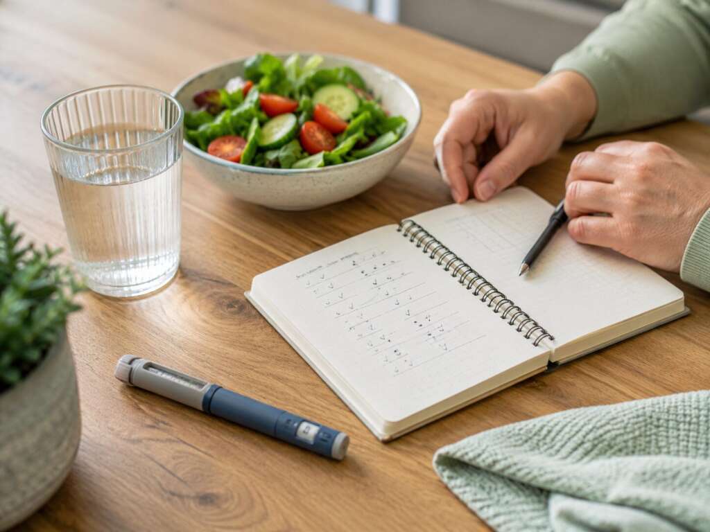 Semaglutid-Pen neben Notizbuch, Wasser und Salat zur Begleitung der Anwendung