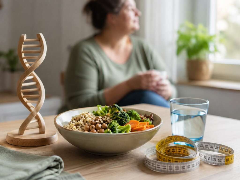 DNA-Modell, gesunde Mahlzeit und Maßband als Symbol für Stoffwechsel, Hungergefühl und genetische Veranlagung